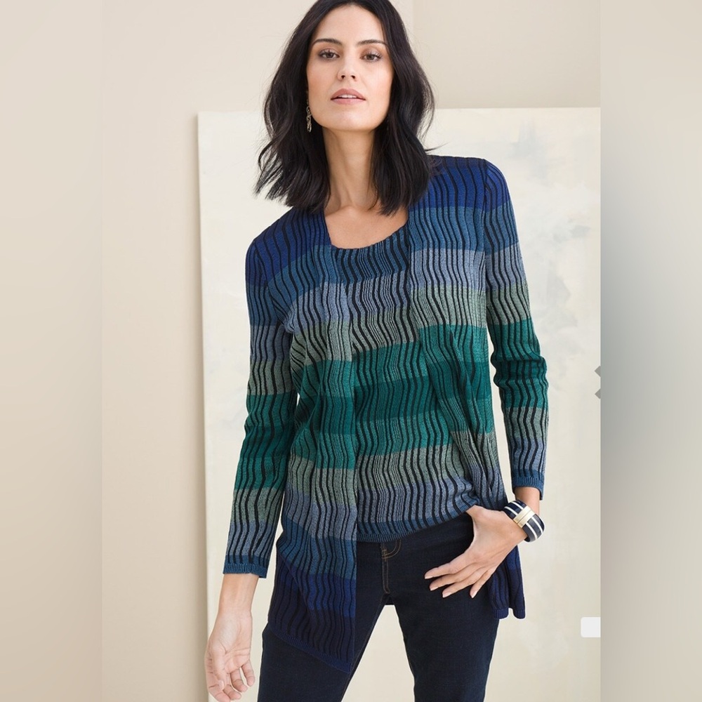 Chico’s Long Open Cardigan Set Blue Striped